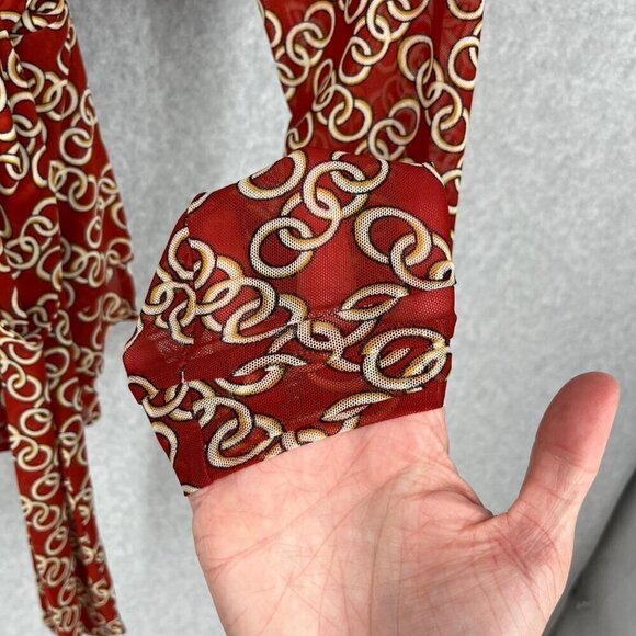 Cabi Ringleader Wrap Top Size S Red Signet Chain Print Mesh Long Sleeve 3951 - Picture 4 of 11